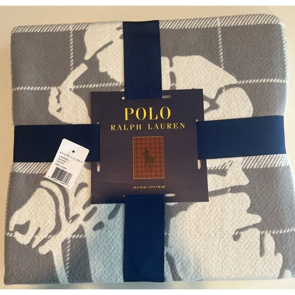 New Polo Ralph Lauren Home Oakwood Throw Grey Ivory Plaid Pony Blanket 50 X 70